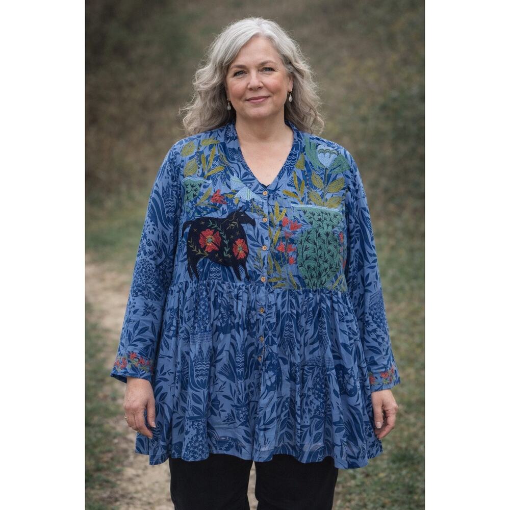 Gudrun Sjöden Womens Rare Chandra Tunic Embroidered Horse Flowers Bell Sleeve XL